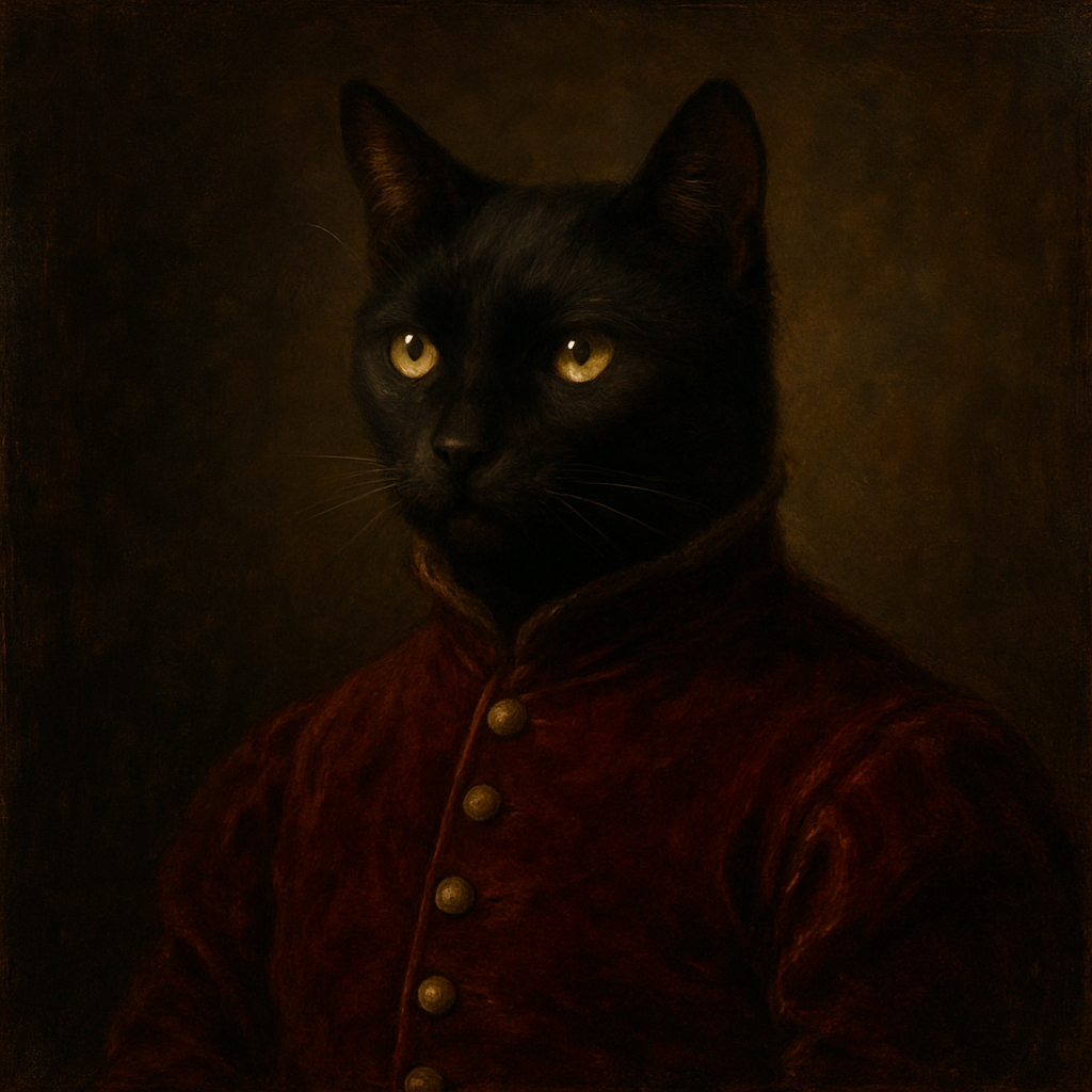 Oil painting of a black cat as a Renaissance prince in crimson velvet