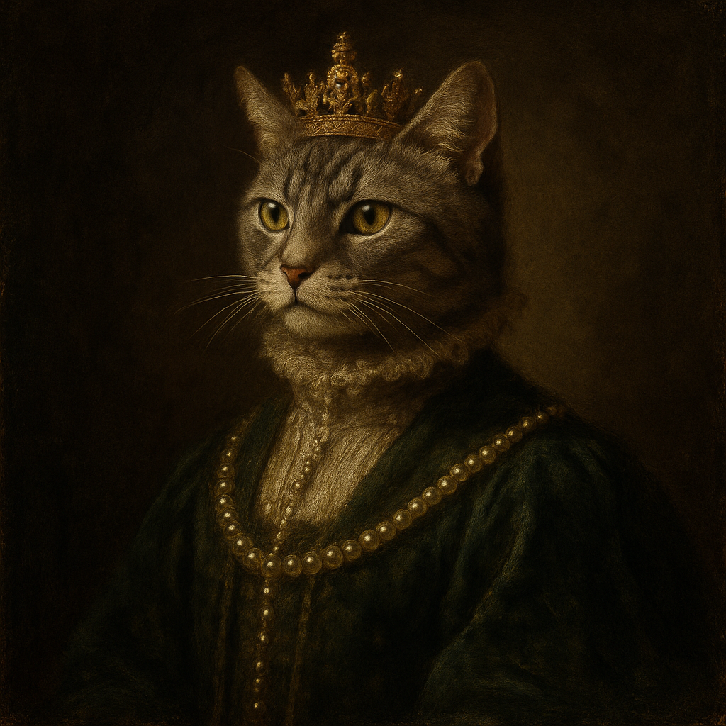 Oil painting of a grey tabby cat dressed as Victorian royalty