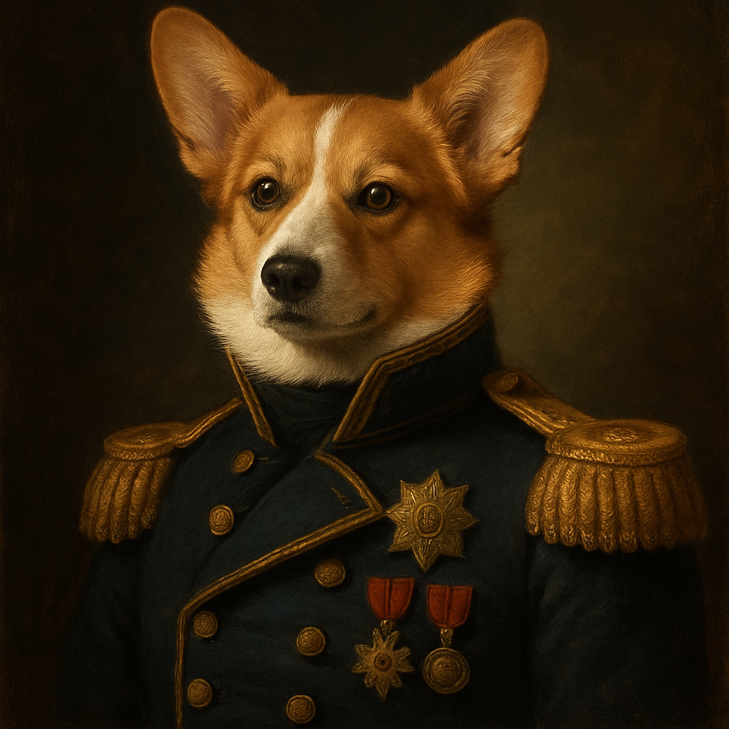 Oil painting of a corgi portrayed as a royal duke in military coat