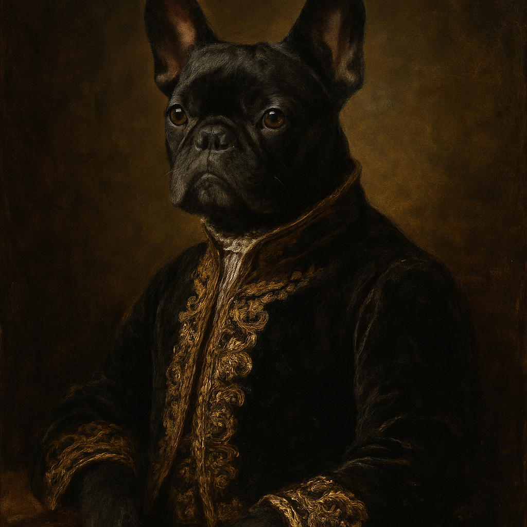 Classical oil painting portrait of a regal black French Bulldog dressed in royal velvet